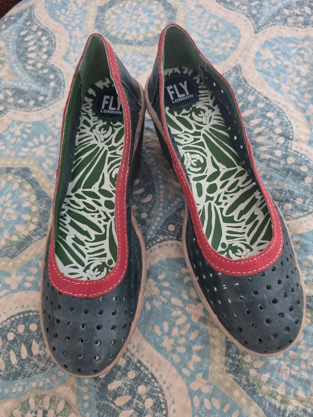 FLY London Yika Perforated Green Red Leather Wedge Pumps Retro Comfort Shoe 40